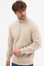 Erkek Bej Standart Fit Normal Kesim Pamuklu Yarım Fermuarlı Dik Yaka Pamuklu Sweatshirt - MMETALIC