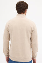 Erkek Bej Standart Fit Normal Kesim Pamuklu Yarım Fermuarlı Dik Yaka Pamuklu Sweatshirt - MMETALIC
