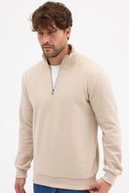 Erkek Bej Standart Fit Normal Kesim Pamuklu Yarım Fermuarlı Dik Yaka Pamuklu Sweatshirt - MMETALIC