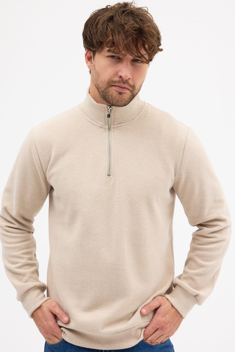 Erkek Bej Standart Fit Normal Kesim Pamuklu Yarım Fermuarlı Dik Yaka Pamuklu Sweatshirt - MMETALIC