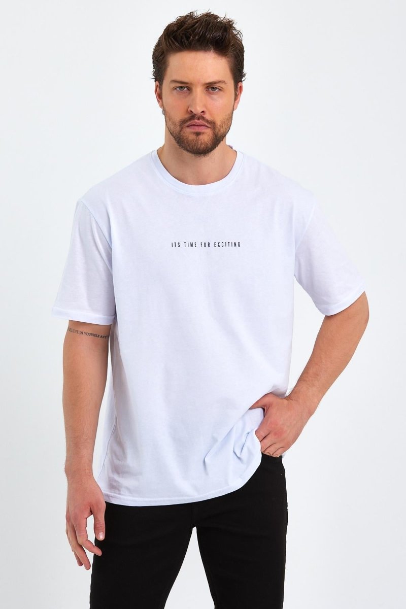 Erkek Beyaz Baskılı Basic Oversize Bisiklet Yaka Kısa Kollu T-shirt - MMETALIC