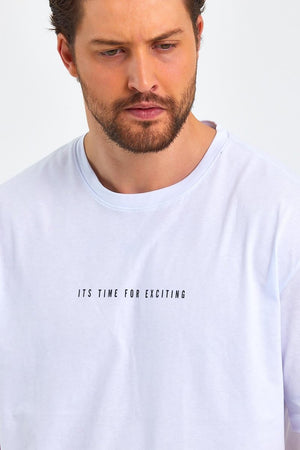 Erkek Beyaz Baskılı Basic Oversize Bisiklet Yaka Kısa Kollu T-shirt - MMETALIC
