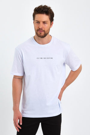 Erkek Beyaz Baskılı Basic Oversize Bisiklet Yaka Kısa Kollu T-shirt - MMETALIC