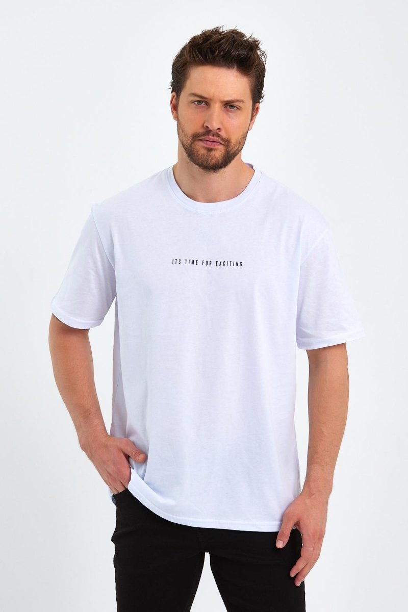 Erkek Beyaz Baskılı Basic Oversize Bisiklet Yaka Kısa Kollu T-shirt - MMETALIC