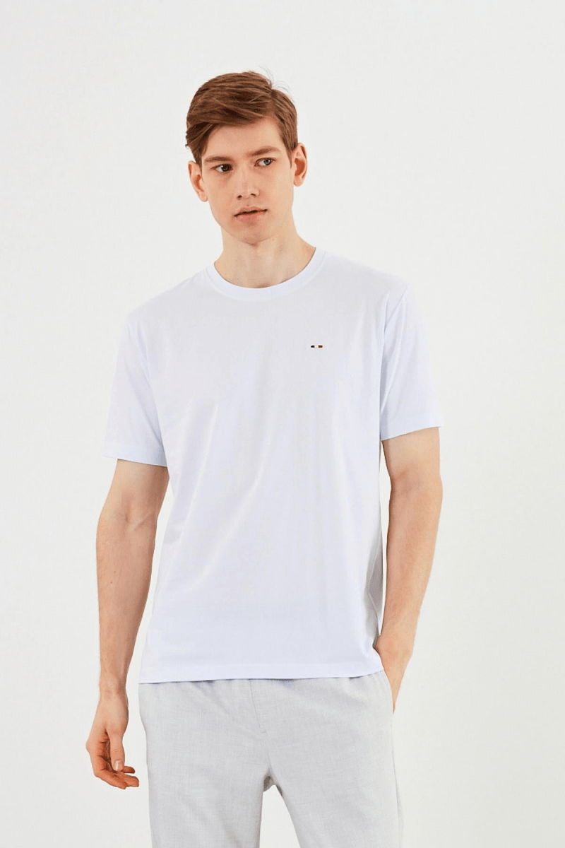 Erkek Bisiklet Yaka T-shirt %100 Pamuk Nakış Detaylı Basic Beyaz Tişört - MMETALIC