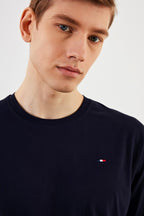 Erkek Bisiklet Yaka T-shirt %100 Pamuk Nakış Detaylı Basic Lacivert Tişört MTLCE89 - MMETALIC