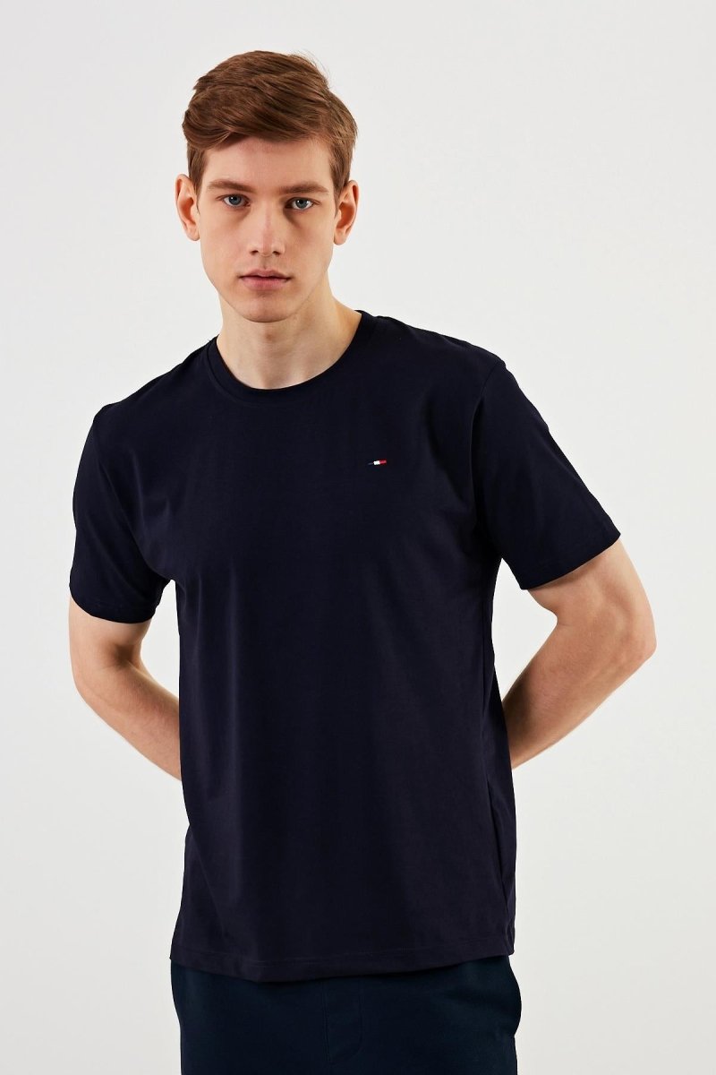 Erkek Bisiklet Yaka T-shirt %100 Pamuk Nakış Detaylı Basic Lacivert Tişört MTLCE89 - MMETALIC