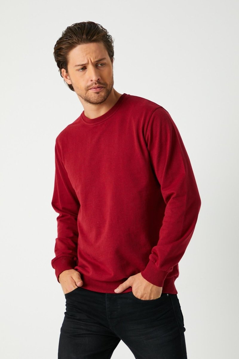 Erkek Bordo Basic Bisiklet Yaka Sweatshirt - MMETALIC