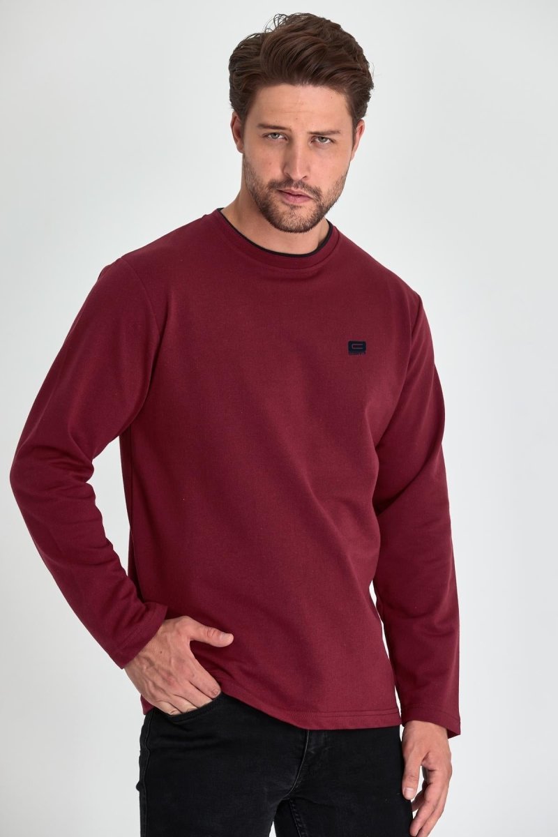 Erkek Bordo Çift Bisiklet Yaka Baskı Detaylı Standart Rahat Kesim Sweatshirt - MMETALIC