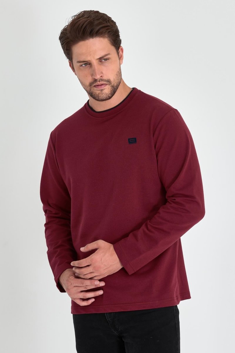 Erkek Bordo Çift Bisiklet Yaka Baskı Detaylı Standart Rahat Kesim Sweatshirt - MMETALIC