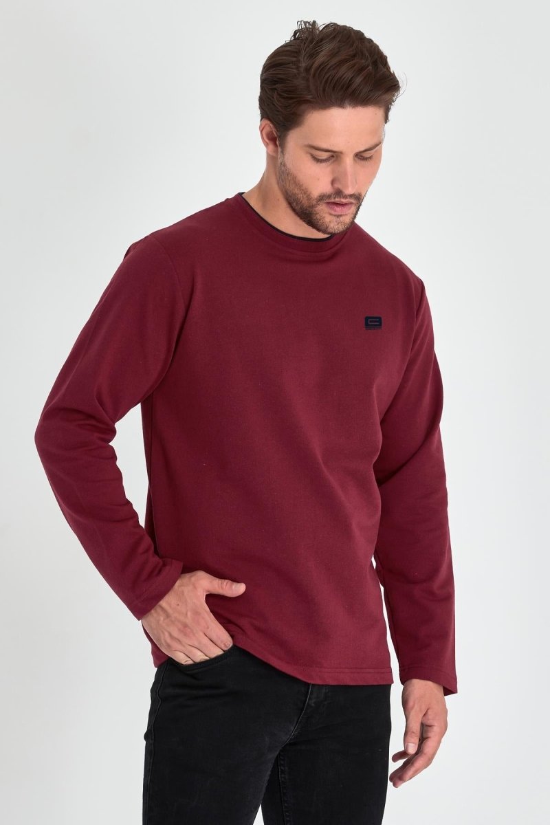 Erkek Bordo Çift Bisiklet Yaka Baskı Detaylı Standart Rahat Kesim Sweatshirt - MMETALIC