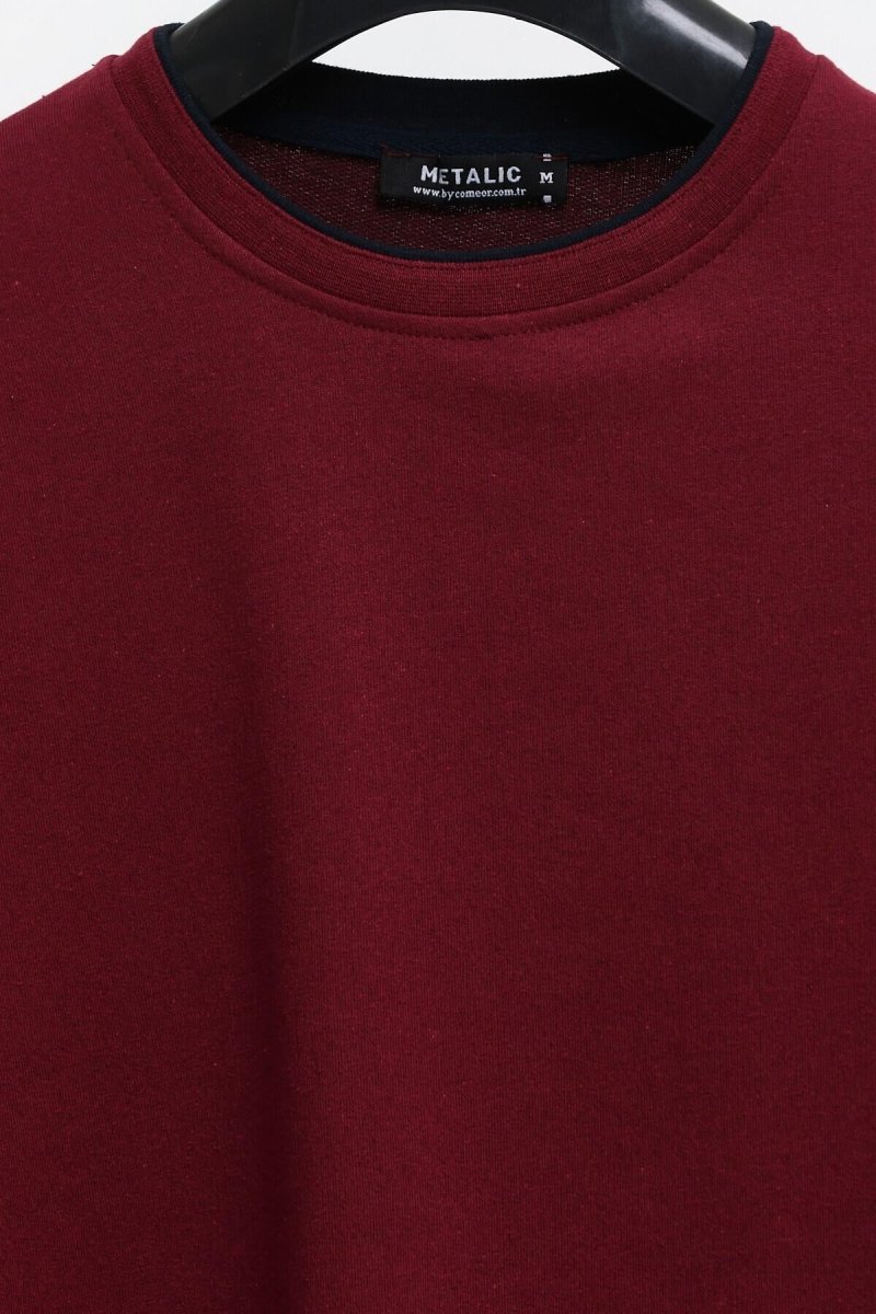 Erkek Bordo Çift Bisiklet Yaka Baskı Detaylı Standart Rahat Kesim Sweatshirt - MMETALIC