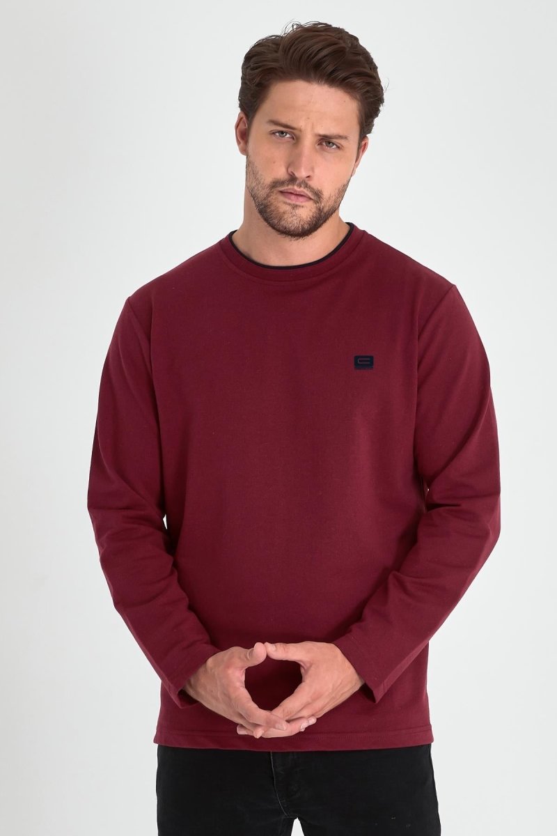 Erkek Bordo Çift Bisiklet Yaka Baskı Detaylı Standart Rahat Kesim Sweatshirt - MMETALIC