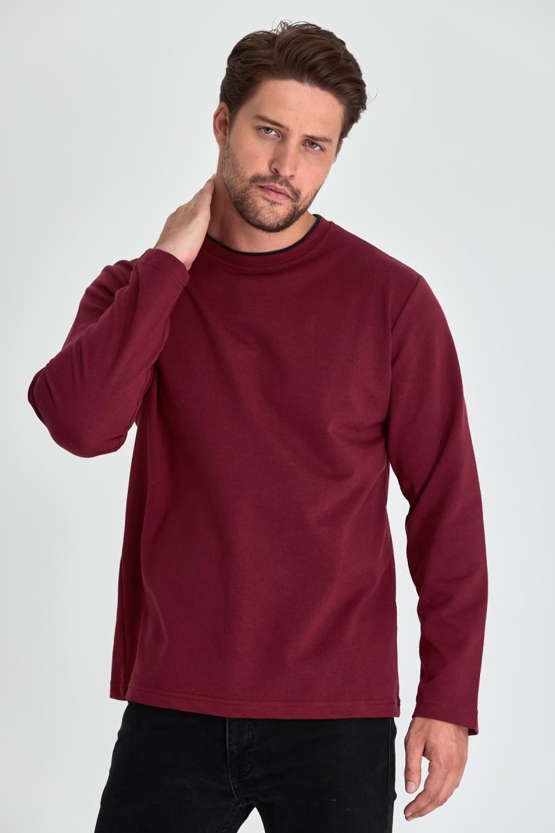 Erkek Bordo Çift Bisiklet Yaka Standart Rahat Kesim Sweatshirt MTLCE68 - BORDO - MMETALIC