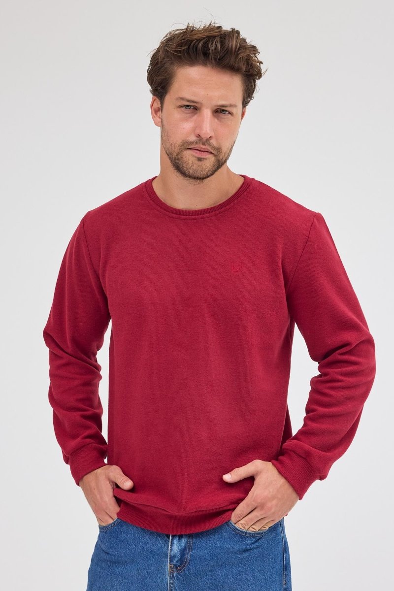 Erkek Bordo Standart Fit Normal Kesim Pamuklu Basic Bisiklet Yaka Sweatshirt MTLCE113 - Bordo - MMETALIC