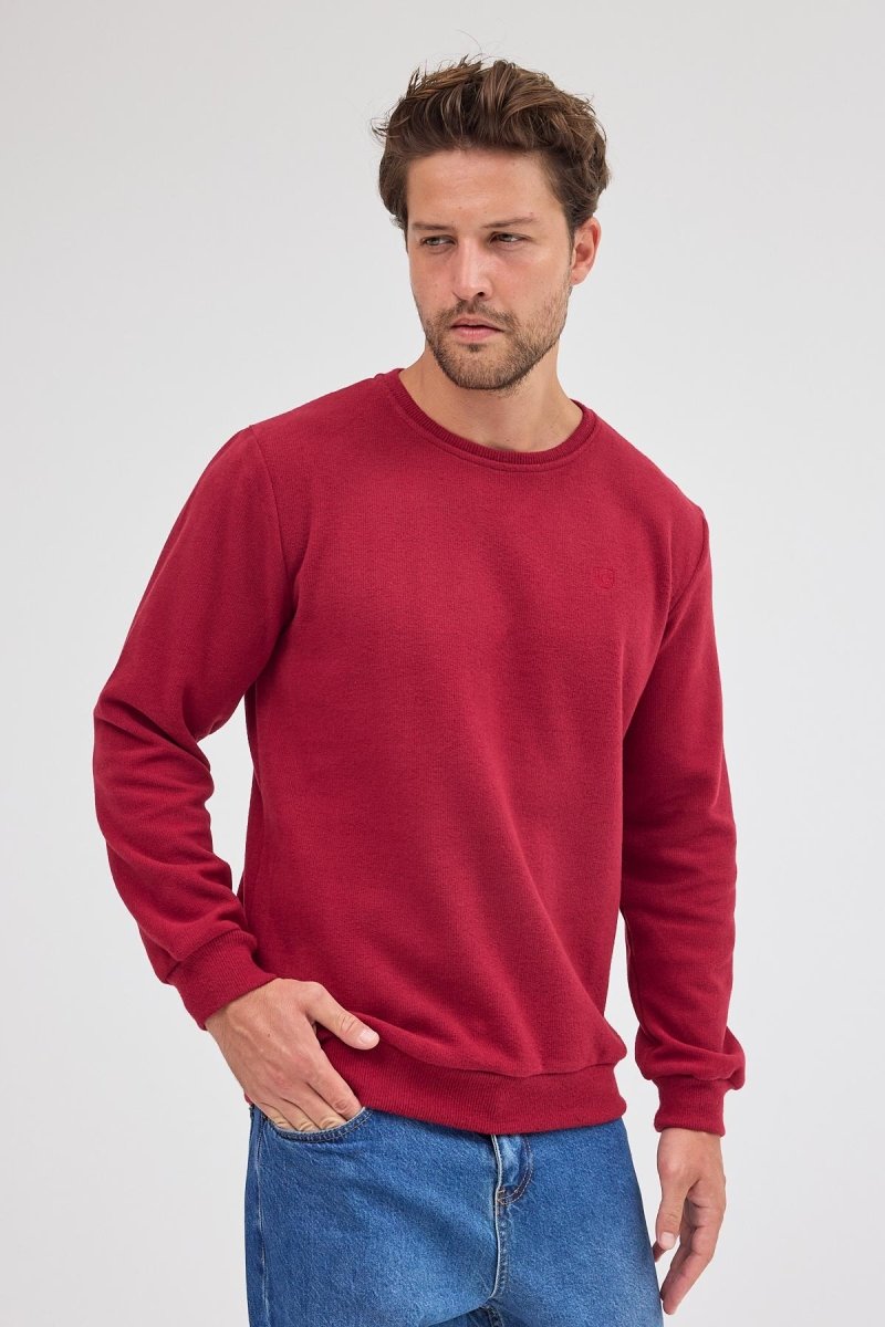 Erkek Bordo Standart Fit Normal Kesim Pamuklu Basic Bisiklet Yaka Sweatshirt MTLCE113 - Bordo - MMETALIC