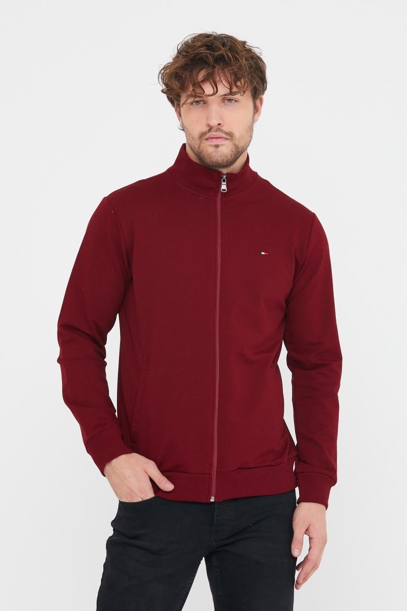 Erkek Bordo Uzun Kollu Önü Fermuarlı Hırka MTLCE8293 - Bordo - MMETALIC