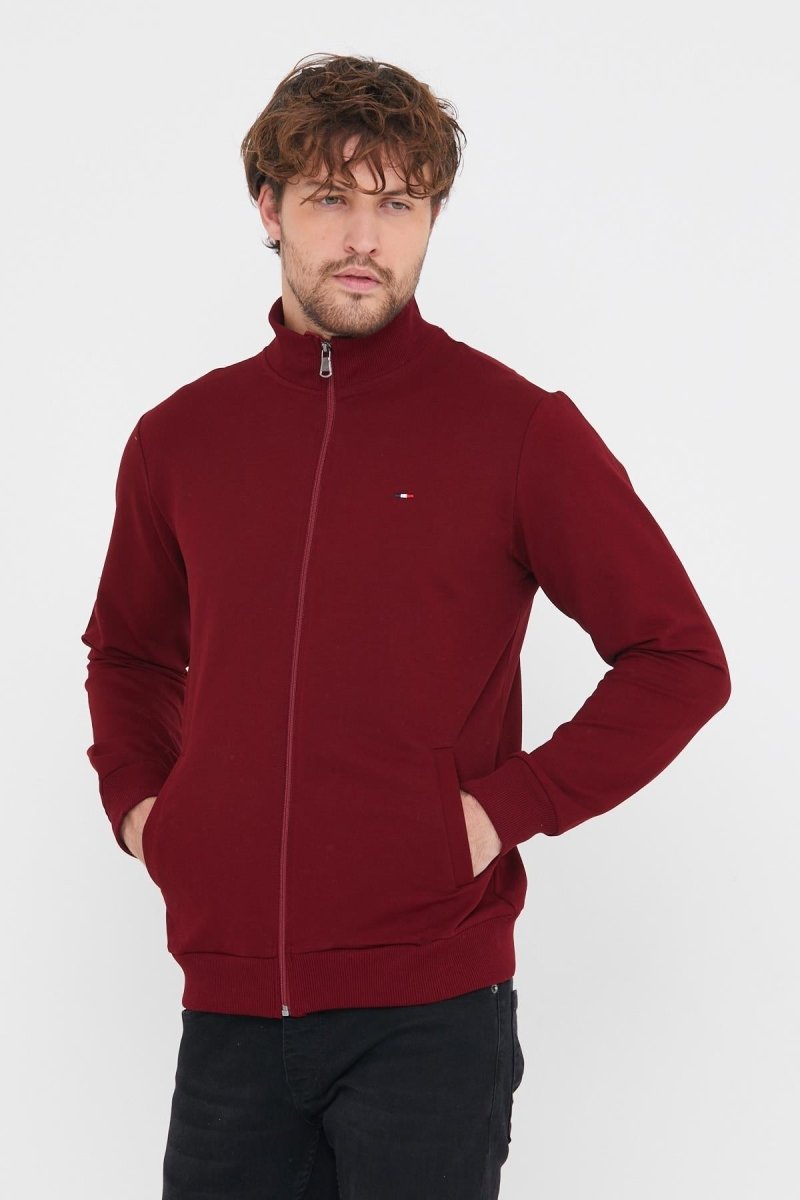 Erkek Bordo Uzun Kollu Önü Fermuarlı Hırka MTLCE8293 - Bordo - MMETALIC