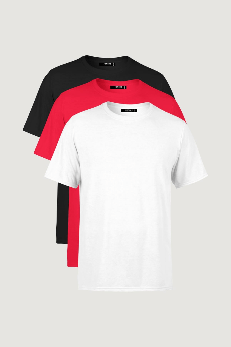 Erkek Çok Renkli T-Shirt Regular Fit Rahat Kesim Bisiklet Yaka 3'lü Basic Tişört Paketi - MMETALIC
