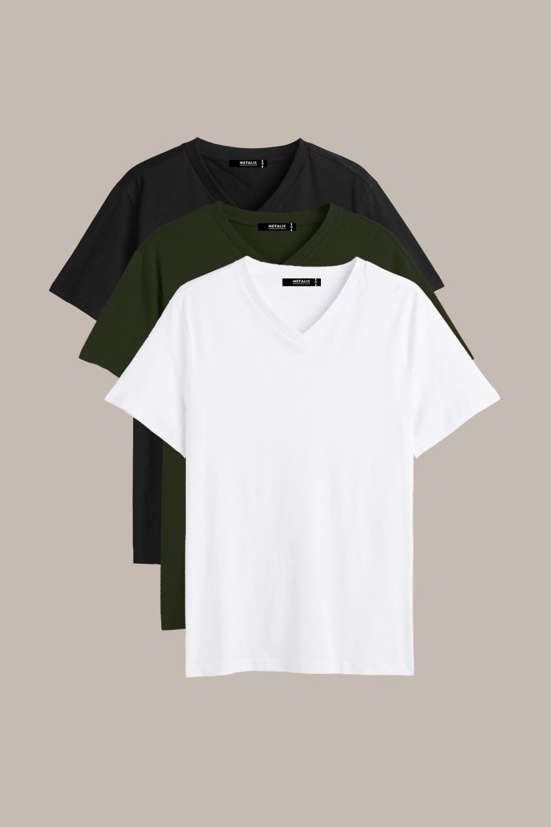 Erkek Çok Renkli T-Shirt Regular Fit Rahat Kesim V Yaka 3'lü Basic Tişört Paketi - MMETALIC