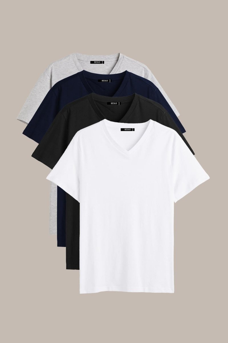 Erkek Çok Renkli T-Shirt Regular Fit Rahat Kesim V Yaka 4'lü Basic Tişört Paketi - MMETALIC