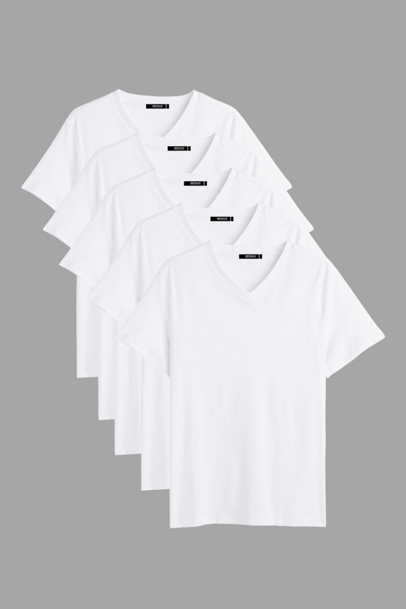 Erkek Çok Renkli T-Shirt Regular Fit Rahat Kesim V Yaka 5'li Basic Tişört Paketi - MMETALIC