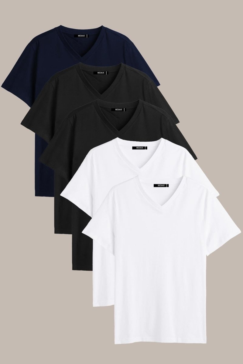 Erkek Çok Renkli T-Shirt Regular Fit Rahat Kesim V Yaka 5'li Basic Tişört Paketi - MMETALIC