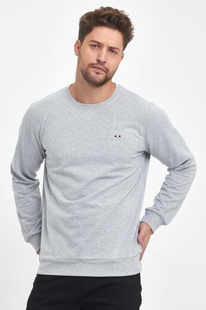 Erkek Gri Bisiklet Yaka Nakış Detaylı Regular Fit Sweatshirt - MMETALIC