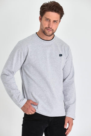 Erkek Gri Çift Bisiklet Yaka Baskı Detaylı Standart Rahat Kesim Sweatshirt - MMETALIC