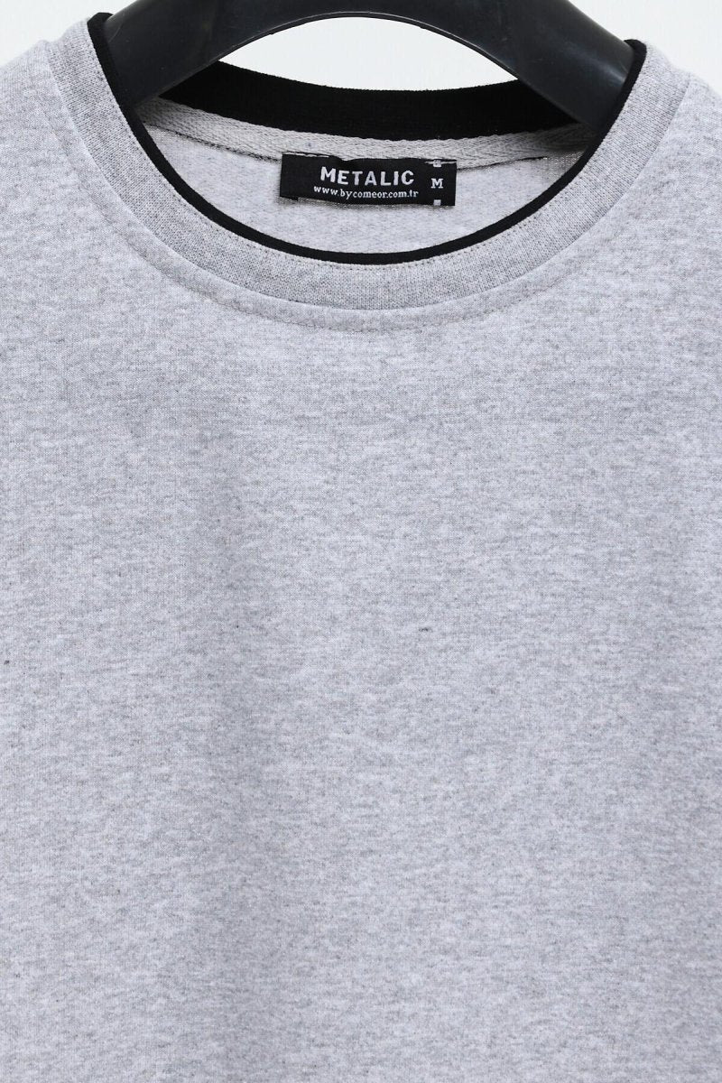 Erkek Gri Çift Bisiklet Yaka Baskı Detaylı Standart Rahat Kesim Sweatshirt - MMETALIC
