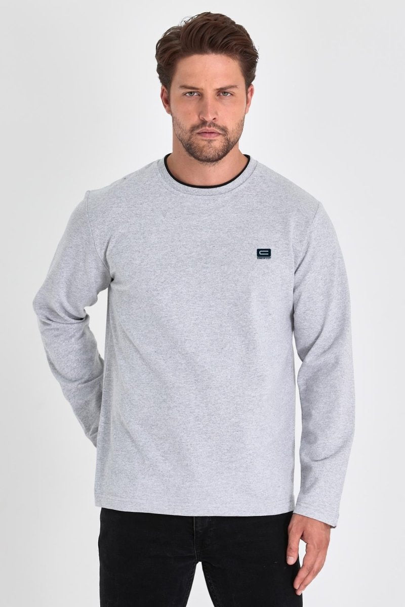 Erkek Gri Çift Bisiklet Yaka Baskı Detaylı Standart Rahat Kesim Sweatshirt - MMETALIC