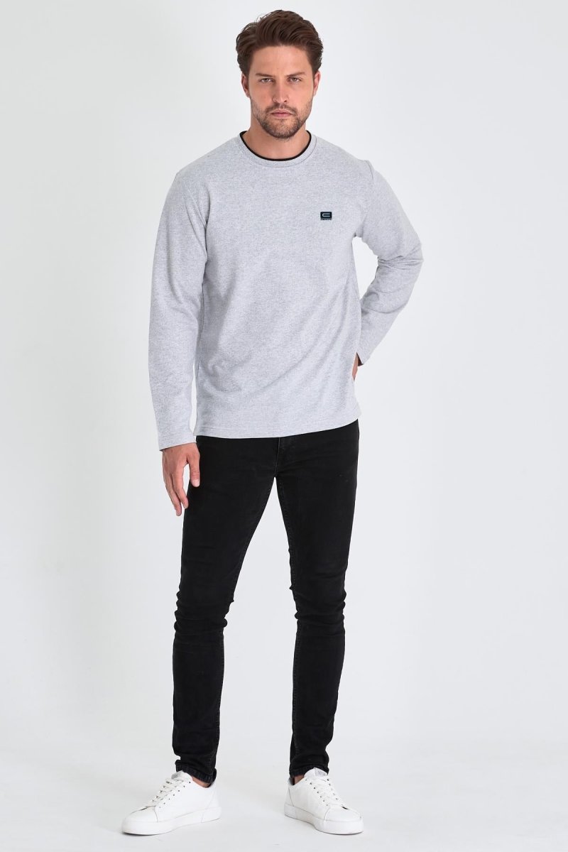 Erkek Gri Çift Bisiklet Yaka Baskı Detaylı Standart Rahat Kesim Sweatshirt - MMETALIC