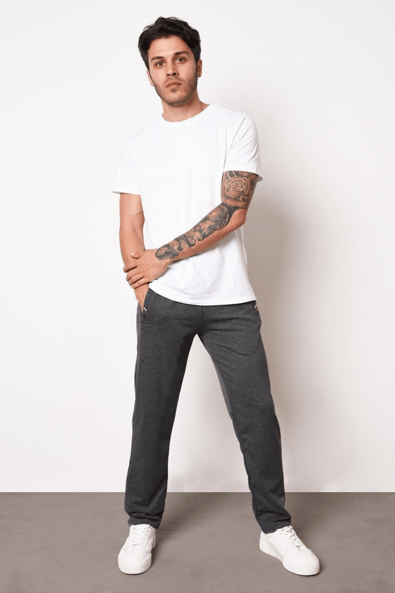 Erkek Gri Fermuar Cep Nakış Detaylı Düz Paça Rahat Kesim Eşofman Altı - MMETALIC