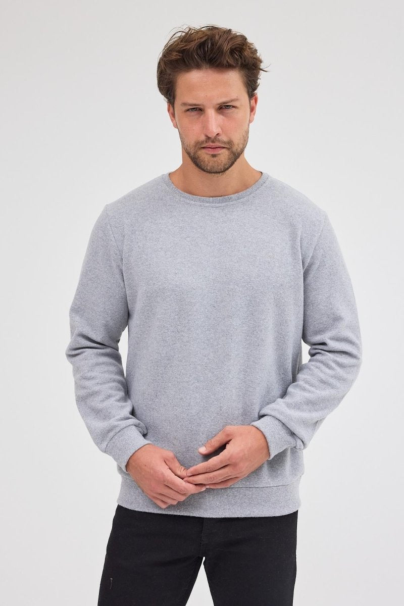 Erkek Gri Standart Fit Normal Kesim Pamuklu Basic Bisiklet Yaka Sweatshirt MTLCE113 - Gri - MMETALIC