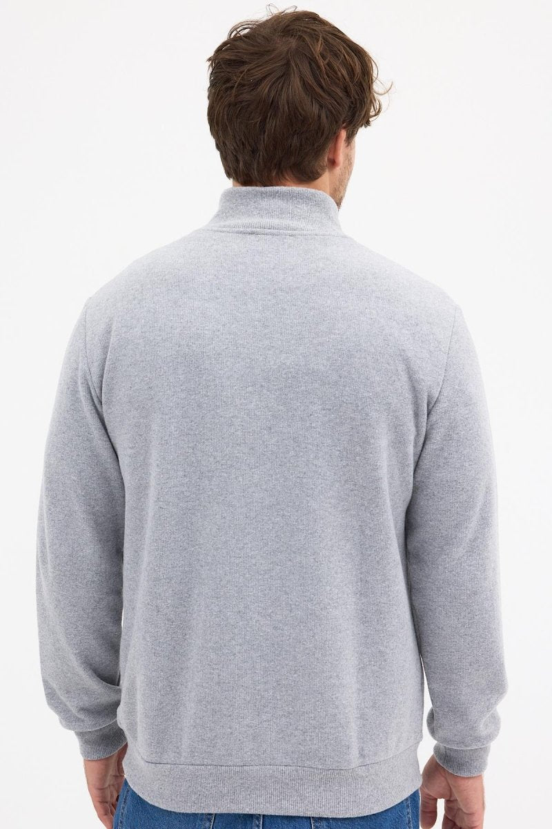 Erkek Gri Standart Fit Normal Kesim Pamuklu Yarım Fermuarlı Dik Yaka Pamuklu Sweatshirt - MMETALIC