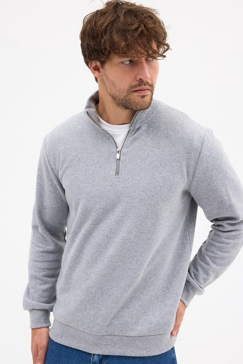 Erkek Gri Standart Fit Normal Kesim Pamuklu Yarım Fermuarlı Dik Yaka Pamuklu Sweatshirt - MMETALIC