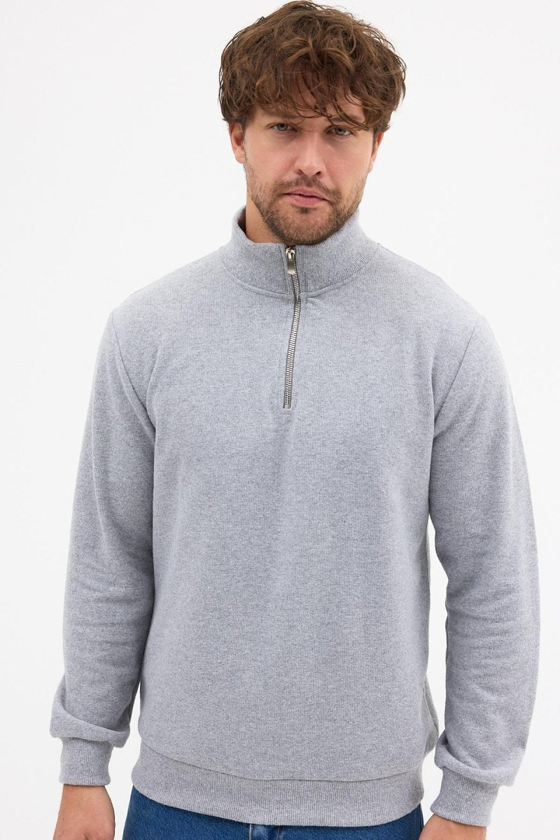 Erkek Gri Standart Fit Normal Kesim Pamuklu Yarım Fermuarlı Dik Yaka Pamuklu Sweatshirt - MMETALIC