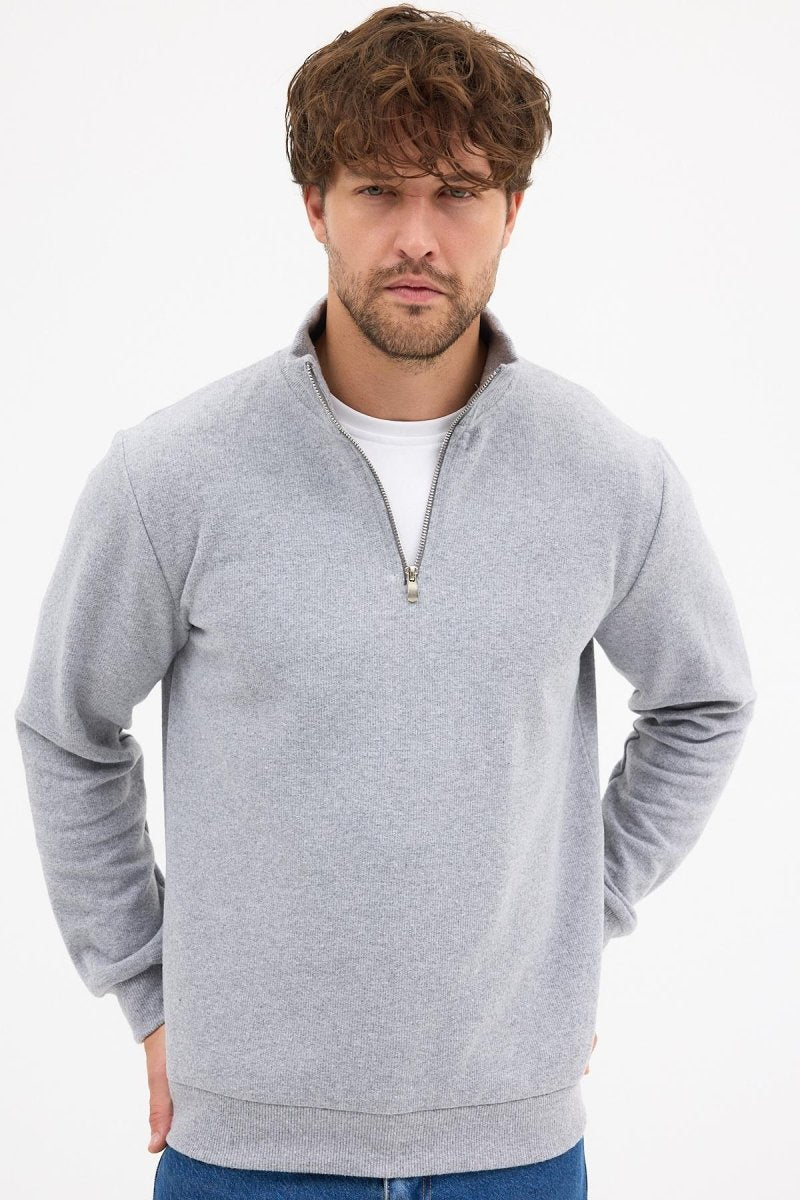 Erkek Gri Standart Fit Normal Kesim Pamuklu Yarım Fermuarlı Dik Yaka Pamuklu Sweatshirt - MMETALIC