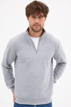 Erkek Gri Standart Fit Normal Kesim Pamuklu Yarım Fermuarlı Dik Yaka Pamuklu Sweatshirt - MMETALIC