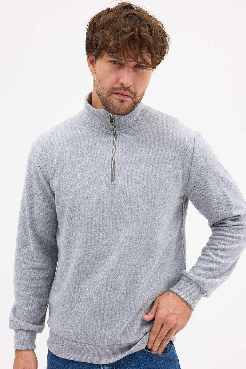 Erkek Gri Standart Fit Normal Kesim Pamuklu Yarım Fermuarlı Dik Yaka Pamuklu Sweatshirt - MMETALIC