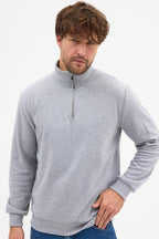 Erkek Gri Standart Fit Normal Kesim Pamuklu Yarım Fermuarlı Dik Yaka Pamuklu Sweatshirt - MMETALIC