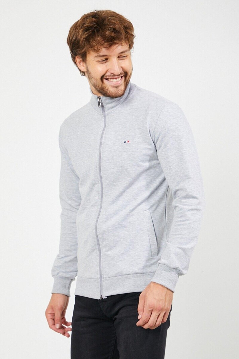 Erkek Gri Uzun Kollu Önü Fermuarlı Hırka - MMETALIC