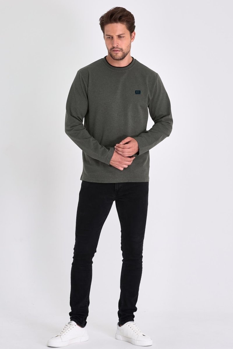 Erkek Haki Çift Bisiklet Yaka Baskı Detaylı Standart Rahat Kesim Sweatshirt - MMETALIC