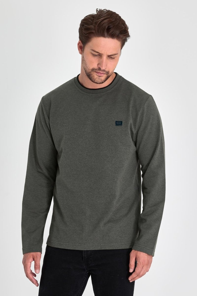 Erkek Haki Çift Bisiklet Yaka Baskı Detaylı Standart Rahat Kesim Sweatshirt - MMETALIC