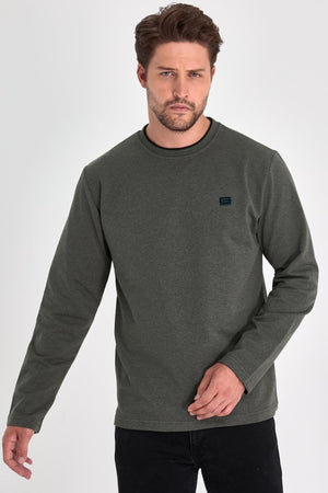 Erkek Haki Çift Bisiklet Yaka Baskı Detaylı Standart Rahat Kesim Sweatshirt - MMETALIC