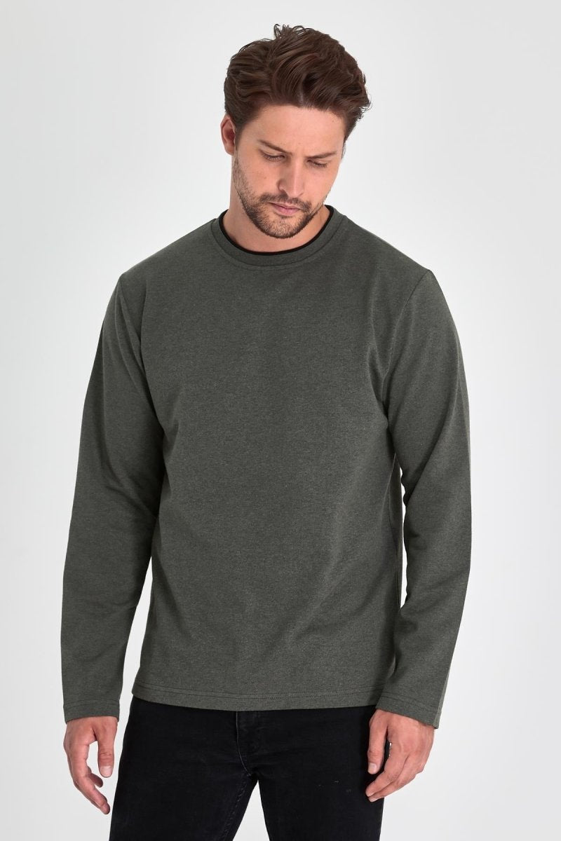 Erkek Haki Çift Bisiklet Yaka Standart Rahat Kesim Sweatshirt - MMETALIC