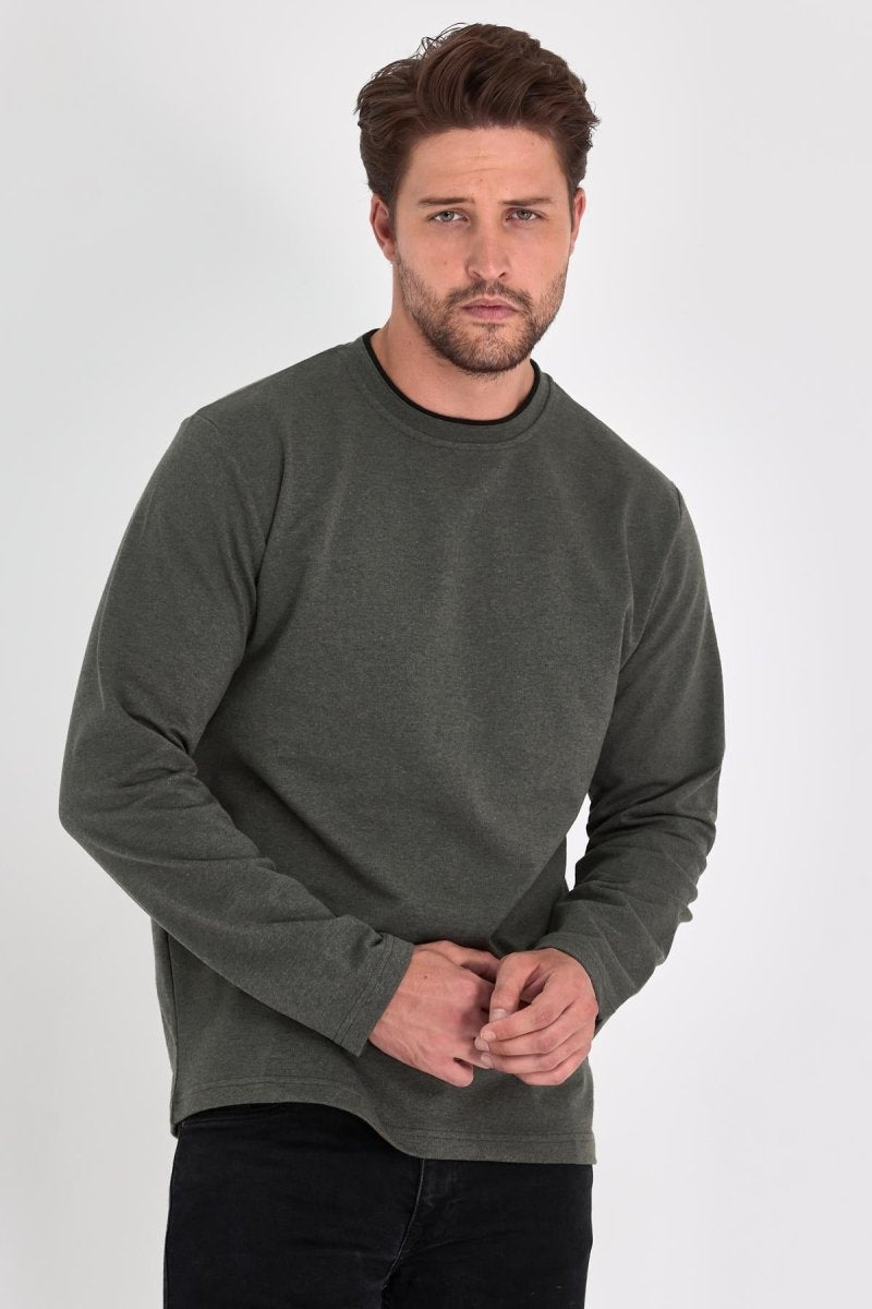 Erkek Haki Çift Bisiklet Yaka Standart Rahat Kesim Sweatshirt - MMETALIC