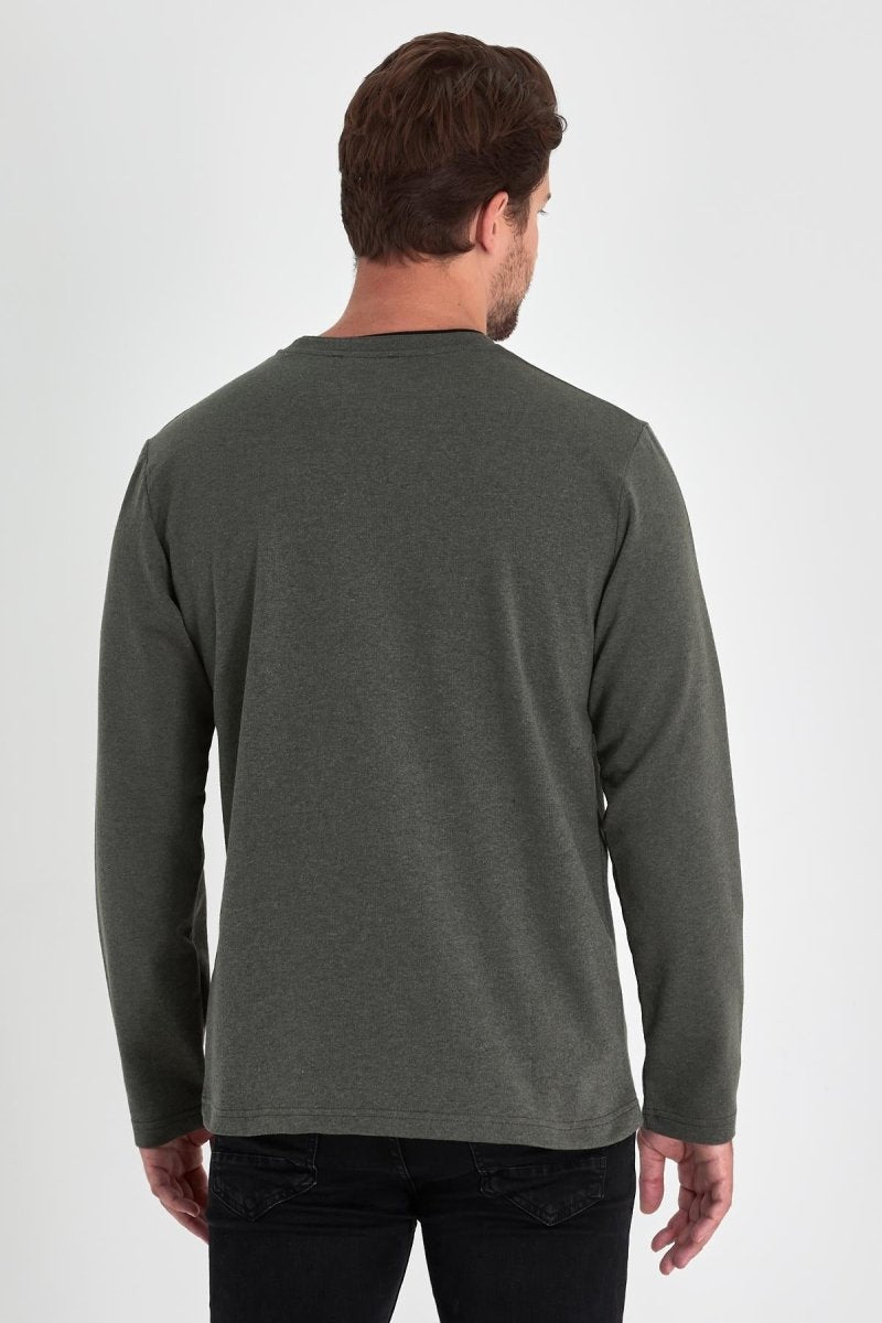 Erkek Haki Çift Bisiklet Yaka Standart Rahat Kesim Sweatshirt - MMETALIC