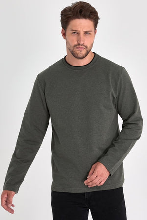 Erkek Haki Çift Bisiklet Yaka Standart Rahat Kesim Sweatshirt - MMETALIC