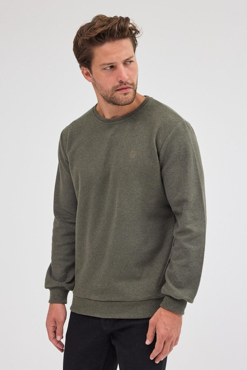 Erkek Haki Standart Fit Normal Kesim Pamuklu Basic Bisiklet Yaka Sweatshirt MTLCE113 - Haki - MMETALIC